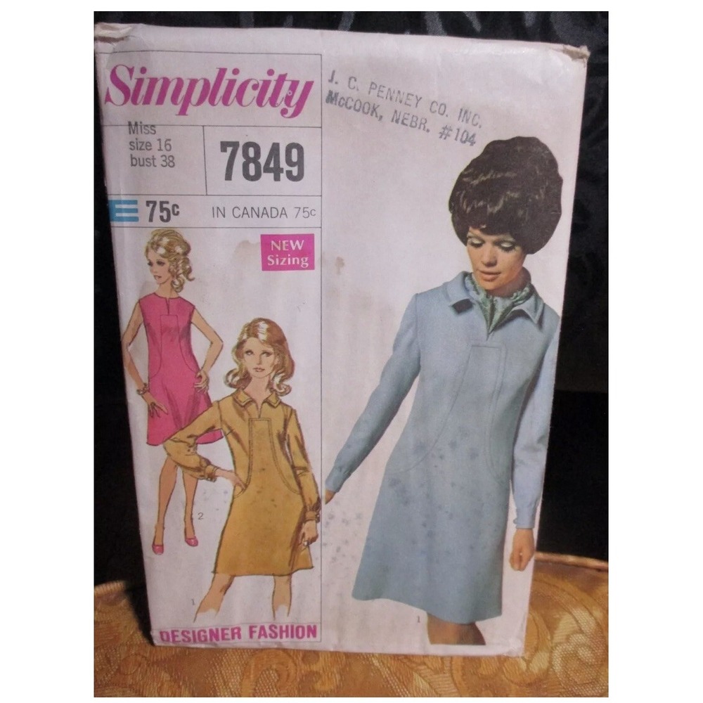Vintage Simplicity 7849 Sewing Pattern Misses A-Line Dress Size 16 Bust 38 Cut